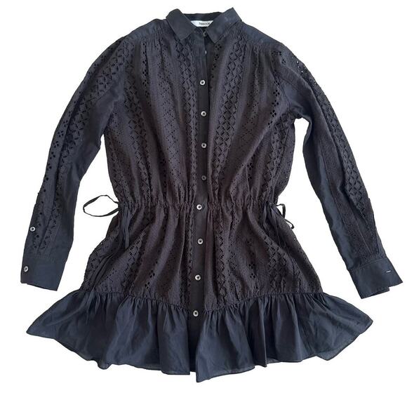 THAKOON Black Eyelet Lace Ruffle Hem Button Down Silk Cotton Mini Shirt Dress 0 - Picture 8 of 15